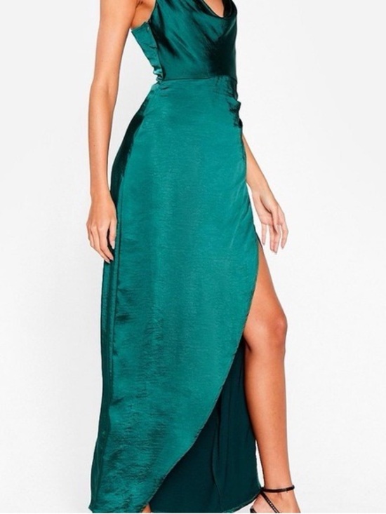 Nasty Gal Dresses & Skirts - Emerald Satin Cowl Neck High-Slit Evening Dress